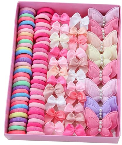 Haarschmuck für Mädchen, 230 Stück, Schmetterlings-Haarspangen und Gummibänder, Rosa und Mehrfarbig