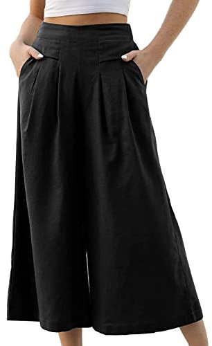 Generisch - Pantalón para mujer, falda de verano, de cintura alta, holgada, pierna ancha, Palazzo, pantalón liso, elástico, transpirable, pantalón de ocio al aire libre, cintura elástica