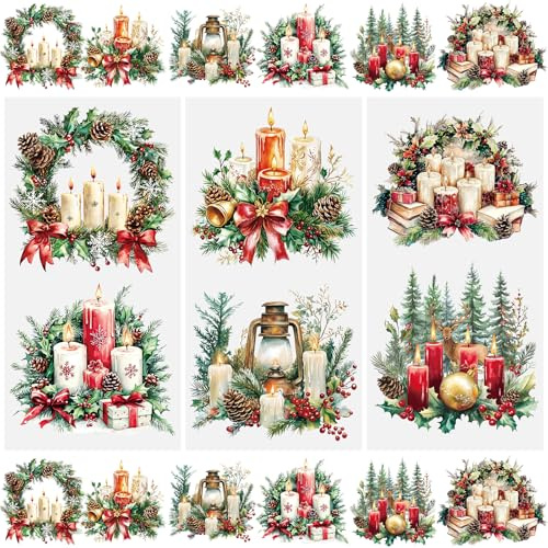 WANDIC 3 Blatt Rub on Sticker Weihnachten,Scrapbook Stickers Wasserfest Transferaufkleber Kerze DIY Aufkleber für Tagebuch Becher Möbel Handwerk,15 x 30 cm