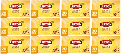Lipton Limone e Zenzero, infuso naturalmente senza caffeina, Infusi alla frutta e alle erbe, Confezionati singolarmente, 240 filtri (12 confezioni da 20 filtri)