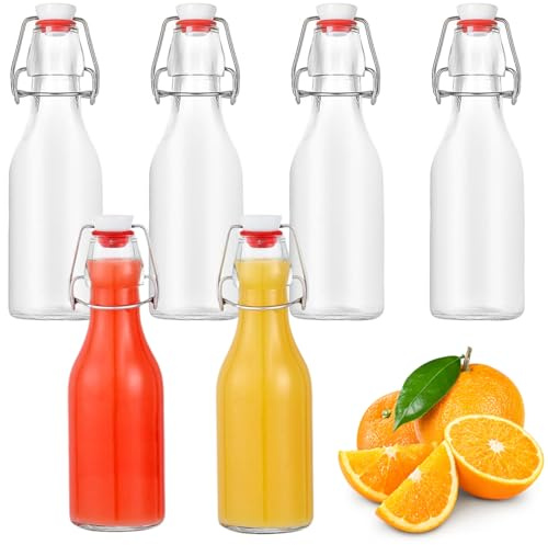 UQMIQURA 6 botellas de cristal con cierre de clip, botellas de cristal de 250 ml con cierre de clip, botellas pequeñas para llenar, botella de planchado para rellenar, botella de zumo para aceite