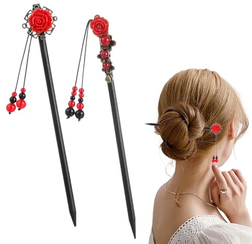 2Pcs Chinese Hair Sticks, Wooden Japanese Hair Chopsticks for Women, Asian Retro Flower Tassel Updo Hairpin Chopsticks, Handmade Classic Geisha Hairs Accessories for Long Hairs (Black Red)