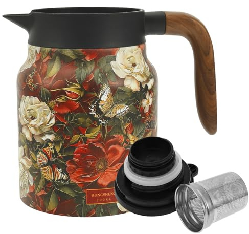 1000ML Insulated Tea Pot, Vintage Pattern Insulated Teapot Built-in Infuser, Stainless Steel Thermal Carafe, Thermal Jug, Teas Pot Infusers Teapot with Wood Handle for Coffee, Tea & Beverage