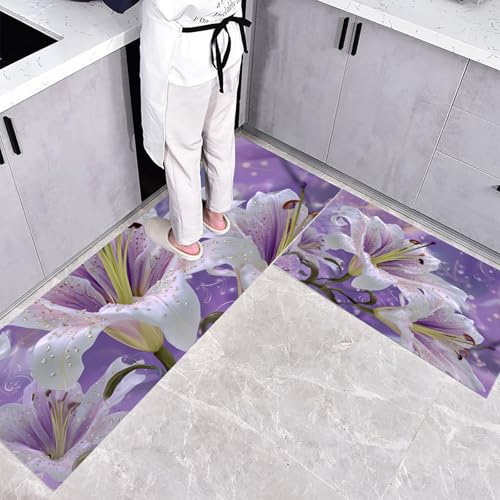 Set di 2 tappetini da cucina, antiscivolo, Illustrazioni di fiori Motivo a giglio, Viola, antipolvere, per interni (45x75+45x150cm