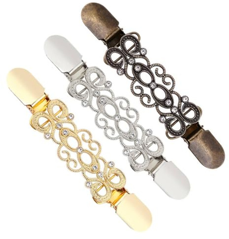 VANZACK Lot de 3 Pinces à Linge Fixes pour Cardigan Femme Boucles de Connexion en Alliage Ornées de Cristaux Finitions Or Doré Argenté Vieilli et Bronze Ancien Accessoires Élégants