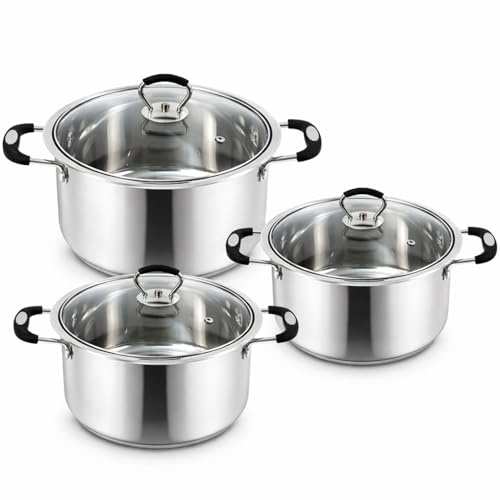 HOMSMYTH Stainless Steel Stock Pot Cooking Pot Set with Glass Lids | Induction Hob Pot/Casserole Cookware Set for Gas, Electric & Ceramic Hobs - 28cm / 9.6 L, 30cm / 12.5 L & 32cm / 16 L (Set of 3)