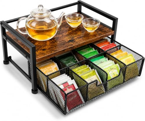 Tea Bag Organiser with Drawer, 2 Tier Solid Wood Tea Station for Countertop, 8 Compartment Coffee Pod Storage Chest, Kitchen Counter Tea Caddy Holder for Tea Bags Coffee Capsules