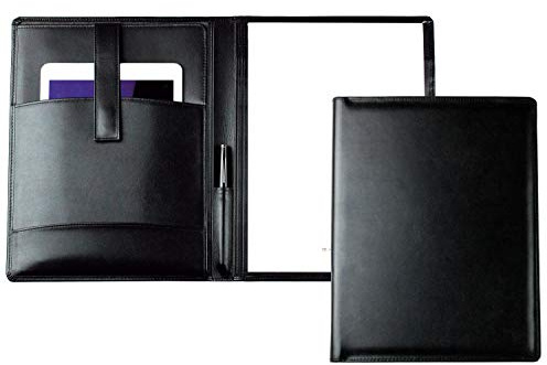 DELMON VARONE - Personalisierbare Tablet Schreibmappe DIN A4 aus Premium Boxcalf Leder schwarz, Organizer Konferenzmappe mit Notizblock, Stifthalterung und Magnetlasche, Echtleder Business Orgamappe