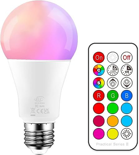 iLC Farbige Leuchtmittel LED RGBW Lampe Dimmbare Farbige Leuchtmitte Lampen 10W E27 Edison RGB LED Birnen - Dual Memory - 12 Farben - Kabellos Fernbedienung inklusive
