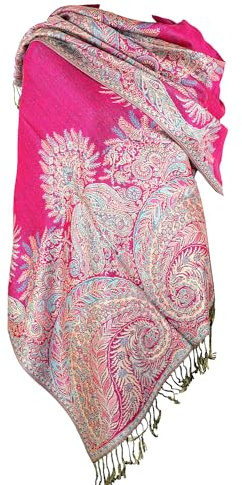 Achillea Luxurious Double Layered Jacquard Big Paisley Pashmina Shawl Wrap Scarf (Fuchsia)