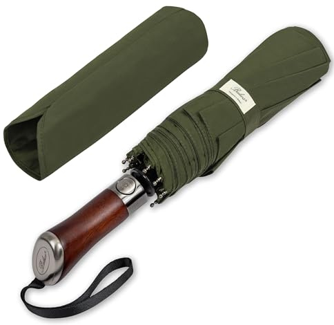Balios (Designed in UK) Travel Umbrella Luxurious Golden Hardwood Handle Auto Open & Close Windproof Frame Single Canopy Automatic Folding Umbrella Men's & Ladies (Olive Green)