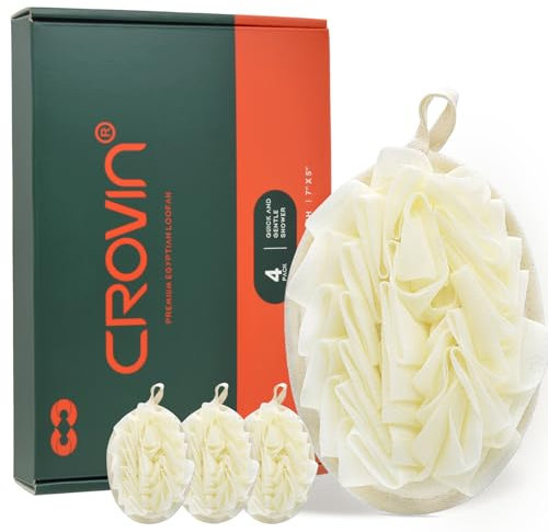 Crovin Lot de 4 éponges exfoliantes en maille pour pouf de douche - Grande éponge de douche en luffa de qualité supérieure pour homme et femme - Brosse élastique pour apaiser et nettoyer votre peau