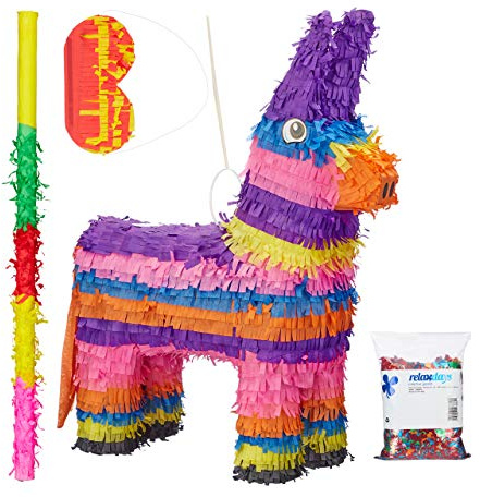 4 tlg. Pinata Set Esel, XXL Konfetti Sack, Pinatastock mit Augenmaske, bunt | Kinder Pinata zum befüllen, Stab & Maske