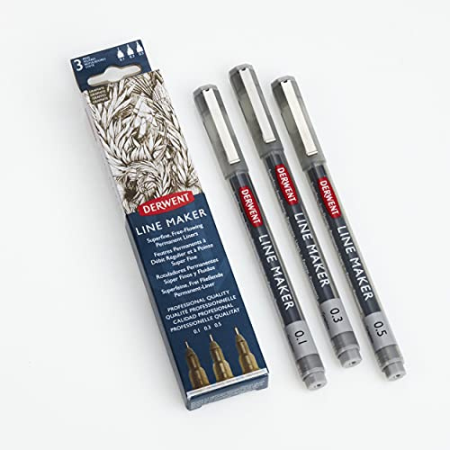 Derwent Graphite Line Maker Stifte, Set mit 3 Stück, Fineliner, verschiedene Spitzenstärken, schnell trocknende Tinte, zum Skizzieren, Schreiben, Illustrieren, professionelle Qualität, 2305562