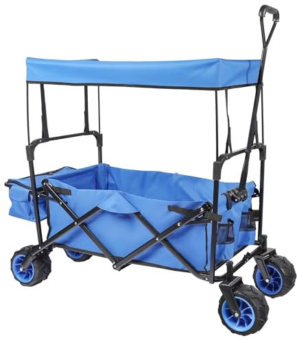 Wiltec Carretto a mano pieghevole, max 70 kg, tessuto impermeabile blu, Carrello spiaggia con parasole