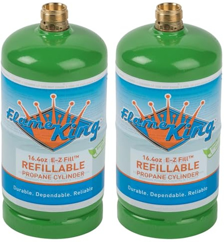 Flame King 1LB EMPTY Propane Cylinder Tank – Refillable – Reusable – Safe and Legal Refill Option – DOT Compliant – 16.4 oz for Camping, Backpacking, and Hiking (2-Pack), Green (YSN164-2)