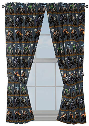 Jay Franco Kids Window Drapes - 4 Piece Curtain Set Includes 2 Tiebacks, Beautiful Bedding Room Décor and Easy Set Up, Black - Monster Jam, 63 Inch