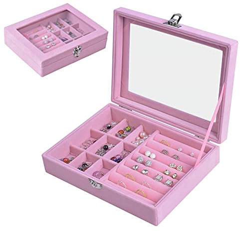 Scatole Portagioie, 9 Griglia Scatola Porta Gioielli con Coperchio, Portatile Organizzatore di Gioielli in Velluto, Scatola di Gioielli con Serratura per Orecchini Collane Anelli Orologi (Rosa)