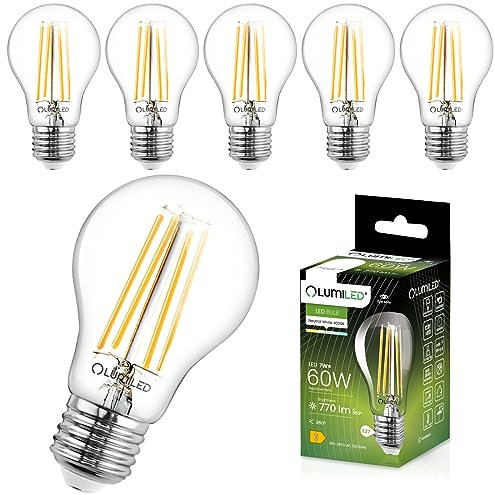 LUMILED A60 E27 LED Lampe, 7W (ersetzt 60W), 806 Lumen, Classic, Filamentstil Klar, Transparente Leuchtmittel, 4000K Neutralweiß Birne Lampe, Nicht Dimmbar, 360° Grad Strahlwinkel Glühbirnen, 6er–Pack