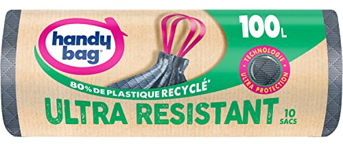 Handy Bag - Ultrastarka sopsäckar med skjuthandtag, 100 l x 10 påsar - ultraskydd: väft och tredubbla lager film - läckagesäker botten - maximal tätning - 100% återvunnen plast