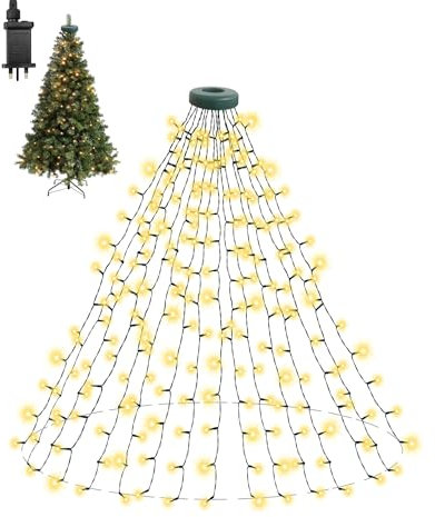 Dekofun Christmas Tree Lights 400 LED 2M x 16 Drops Plug in Tree Net Lights with Ring, 8 Modes Cascading Twinkle Light Outdoor Waterproof Waterfall String Light for 4ft - 8ft Tree Decor - Warm White