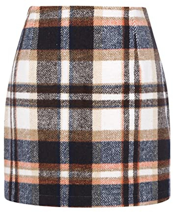 IDEALSANXUN Womens High Waist Plaid Skirt Bodycon Pencil Wool Mini Skirts, Brown, M