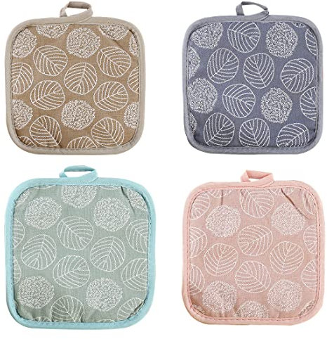 TSLRSA Presine da cucina, 4 presine da cucina, in cotone e lino, resistenti al calore, presine da cucina, antiscivolo, con fori di sospensione per forno, piatto, ciotola (motivo foglio)