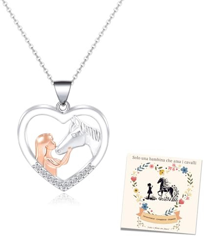 BOCHOI Collana Ragazza Regali per Ragazze Collana D'argento per Bambine Ciondolo a Forma di Cuore di Ragazza con Cavallo Regalo per Figlie, Nipoti e Bambine Donna