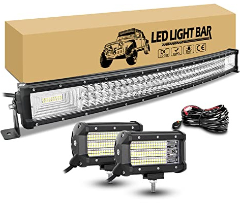 RIGIDON 80 cm 32 Zoll 405W Gebogene Led Lichtleiste mit 12v Kabelbaum Kit | 2 x 13 cm 135W Flood Offroad Zusatzscheinwerfer, Wasserdicht Arbeitslichtleiste Lightbar für Auto KFZ ATV LKW Fahrzeuge