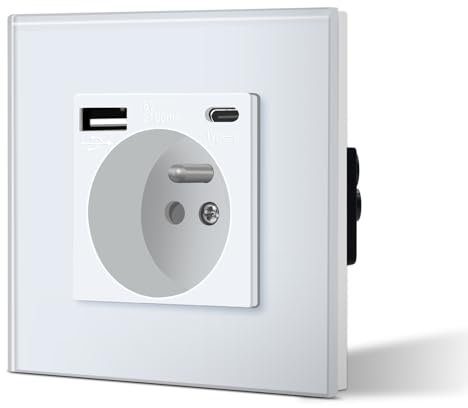 BSEED Prise Murale avec USB et Type C, Prise de courant en Verre avec USB 2.1A courant 16 Amp 240V 86mm Blanc