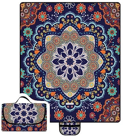 TengYuer Picknickdecke 180x200cm Stranddecke Wasserdicht Sandfrei Isoliert Faltbar Strandmatte mit Tragegriff Outdoor Campingdecke XXL für Camping Parks Strände Picknick Blaues Mandala
