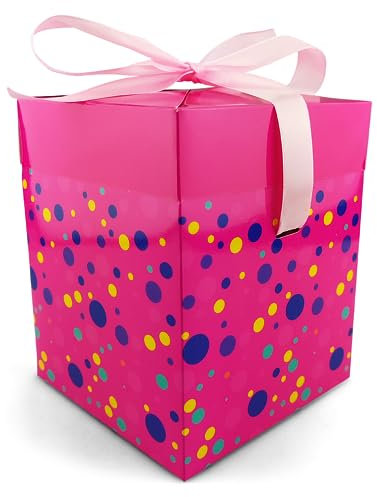 Netuno 1x Geschenkschachtel Rosa Blau Gelb mit Kreisen 12x12x15 cm mit Deckel und Schleife kleine Kartonschachtel aus Pappe Geschenkverpackung für Kinder und Erwachsene