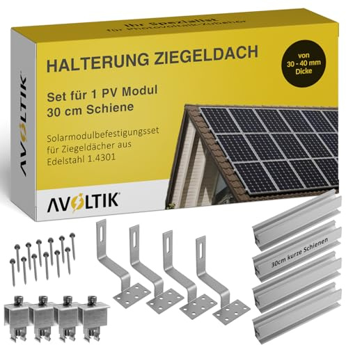 Solar Halterung Ziegeldach I Set für 1 PV Module 30-40mm I Solarmodul Halterung Balkonkraftwerk I Solarmodulbefestigungsset für Ziegeldächer aus Edelstahl 1.4301