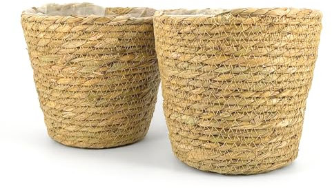 Vimin Box Set di 2 Vasi, Cesti per Fiori e Piante, Intrecciati in Paglia, Erba marina, Inserto in Plastica, Diametro 18 cm, per Interno e Esterno, Fioriere, Decorazione Casa