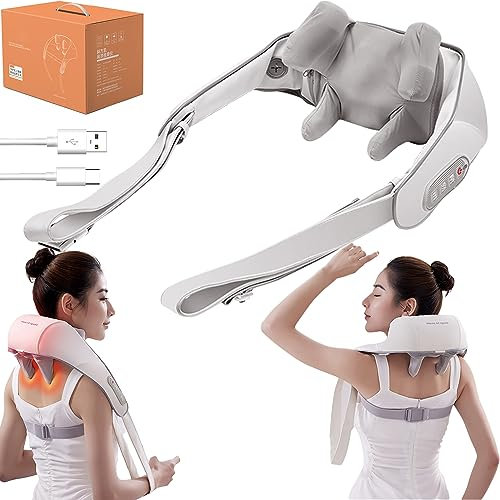 JSvsza Massagegerät Elektrisch Nackenmassagegerät mit Wärmefunktion für Schulter Nacken Rücken Shiatsu Massagegeräte 6D-Rotation Massage, 2000mAh Batterie, White