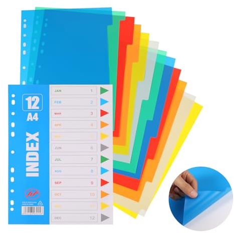 FRIUSATE A4 Filer dividers, 3 Pack Folder Dividers with Pre-Punched Hole | 12 Part Plastic Binder Dividers with Pre-Punched Hole and Assorted Colours, A4 Subject Dividers for Leverl Arch Files