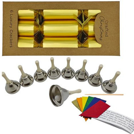 SPPMAKING Christmas Crackers No Snaps Set of Six 11 Inch With Gifts Inside Musical Ringbell Set, Extra Party Favors, Tissue Paper Crown Hat,Motto Party Table Favors Playing Together for More Funs