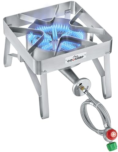 COOKAMP Stainless Steel Burner Propane Stove, 200,000BTU High Pressure Outdoor Propane Burner Cooker, 15.5Heavy Duty Gas Burners for Outdoor Cooking For Turkey Fry, Seafood Boil, Homebrewing （SS1250）