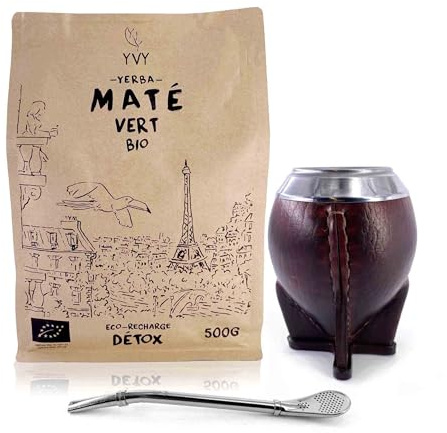 YVY MATÉ Kit Maté Torpedo | Pack Calebasse Torpedo, Bombilla Classique et 1 poche de Yerba Mate Vert Bio 500g | Coffret maté traditionnel | Fabrication Artisanale en Uruguay