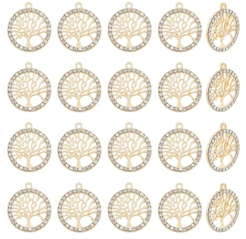 HOBBIESAY 40 ciondoli di cristallo a forma di albero della vita, in lega di strass, a forma di albero, con ciondoli ad albero, 1,4 mm, oro chiaro, per collane, bracciali, creazione di gioielli fai da