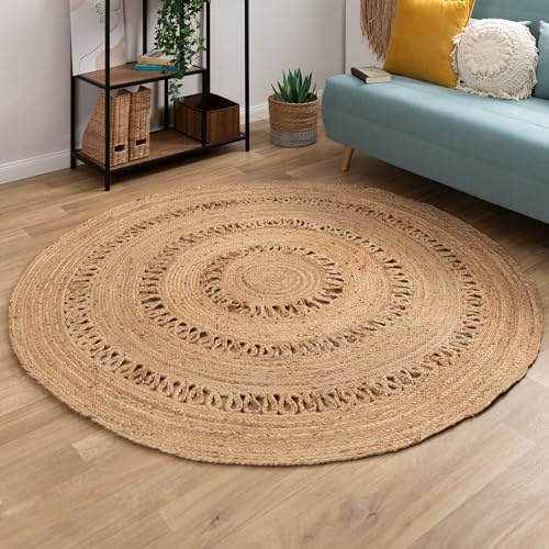 Steffensmeier Jute Teppich Goa | Rund | Wohnzimmer, Flur, Eingangsbereich, Naturfaser, handgeflochten, Sun, Größe: Ø 80 cm