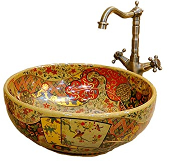 Waschschalen europäischer Luxus Retro-Stil Keramik Aufsatzwaschbecken Waschtischschale rund für Garderobe, Badezimmer, nur 1 Waschbecken von Jingdezhen