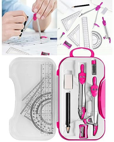 WAOCEO Zirkel Mathe-Geometrie-Set, Winkelmesser, Zirkel-Set, Dreieck, Lineal, Schreibwaren, Radiergummi for Entwürfe, Ingenieurbüro, Werkzeuge, Lehrer Geometriezirkel (Color : Pink)