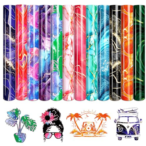 Tintnut Marble Heat Transfer Vinyl - 12 Sheets 10 x 12 Inch Bundles Watercolour Gold Pattern Iron on Vinyl Opal Ombre Print HTV Transfer DIY T-Shirt Gift Canvas Bag for Cricut or Silhouette Cameo