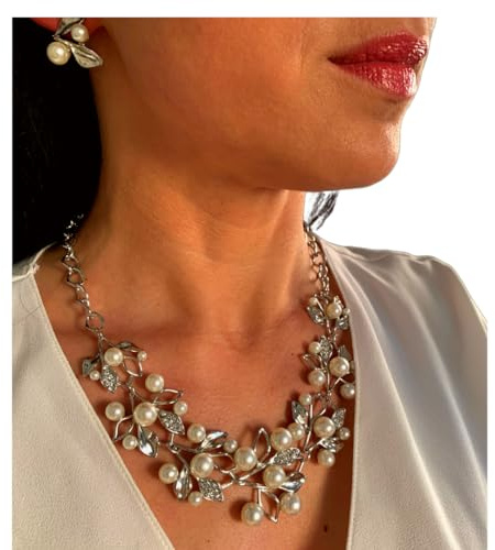 ONDEGO® Perlen Schmuckset Damen Silber – Halskette & Ohrringe mit Strass – Elegantes Schmuck Set für Hochzeit Kommunion Abiball Ball & festliche Anlässe Brautschmuck