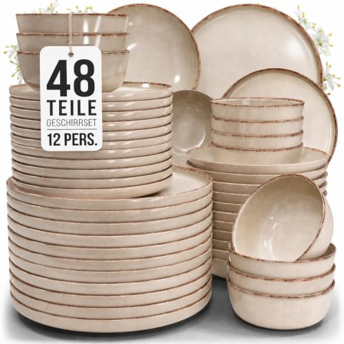 Steingut Geschirrset 12 Personen Rustic 48 tlg. TESTSIEGER, Hochwertiges Landhaussttil Steingut Geschirr Set, Schüssel- und Teller Set, Tafelservice 12 Personen, Geschirrsets Pure Living in Beige