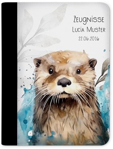CreaDesign Zeugnismappe A4 mit Namen personalisiert für Kinder – Otter Wasser – Dokumentenmappe Schule ohne Klarsichthüllen