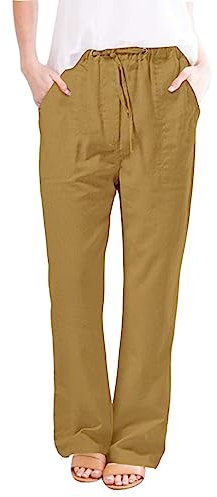 ANHATUIV Gerade Jogginghose für Damen, Baumwoll-Leinenhose, Übergröße, lässig, Farbe, modische Tasche, elastische Taille, gerade Hose, Yogahose, Strand, gesmokte Hose, Urlaub, 02 gelb, XXXX-Large