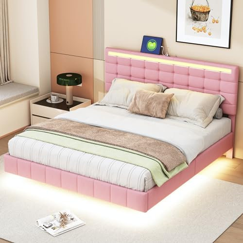 Polsterbett 160x200, LED Doppelbett mit Lattenrost, Verstellbares Kopfteil mit USB Ladefunktion, Schwebebettrahmen Rückenlehne Bettgestell Gästebett, hautfreundliches Leinen, ohne Matratze, Rosa