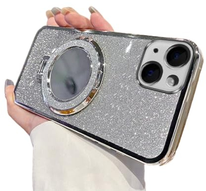 IMEIKONST Sparkly for iPhone 13 Mini Case Gradient Glitter Silver DSJ | Makeup Mirror Ring Stand Function, Full Camera Protector, Soft Silicone Shockproof, Plated Transparent Cover for Girl Women